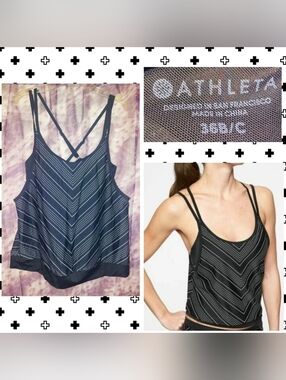 Athleta Blk/Wht Chevron Print Strappy 2Fer Swim Tankini W/Built-In Bra Sz 36 B/C
